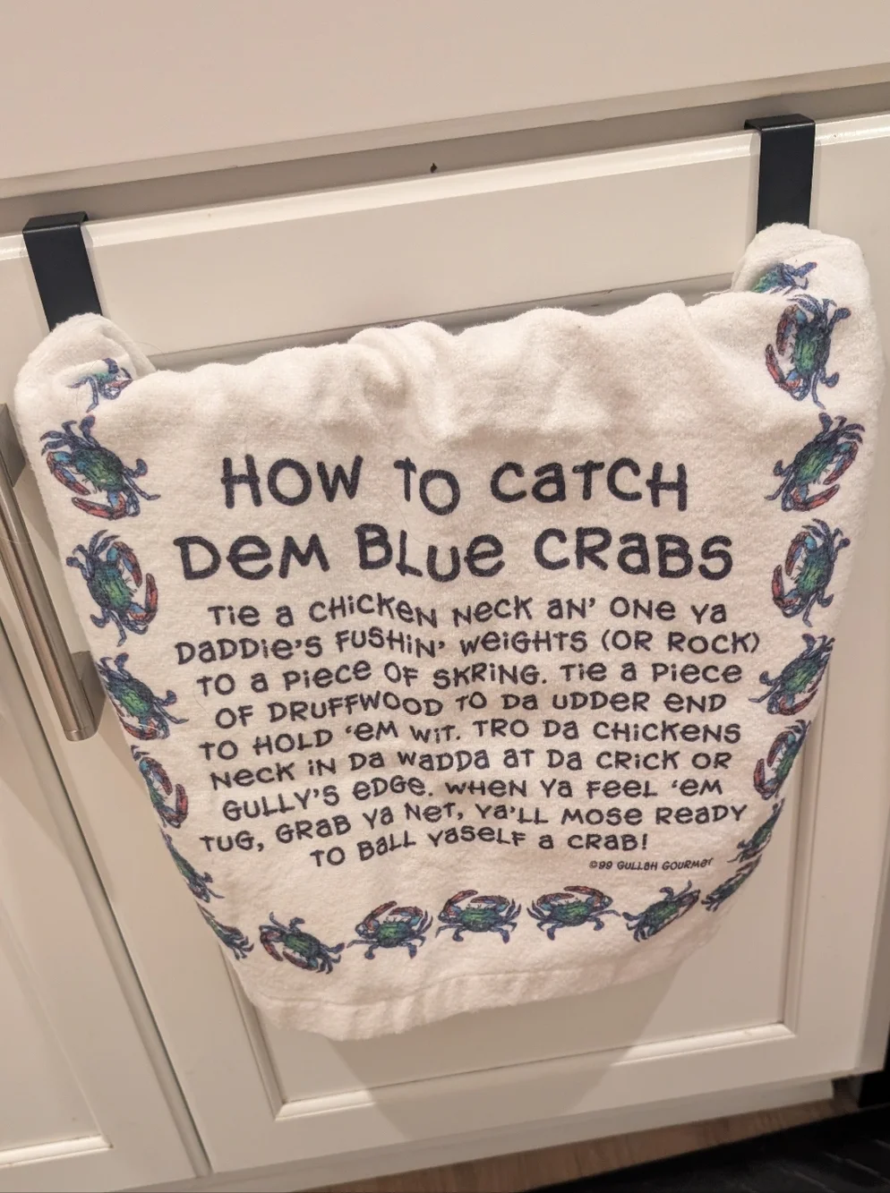 How to Catch Dem Blue Crabs Embroidered Kitchen Towel - White